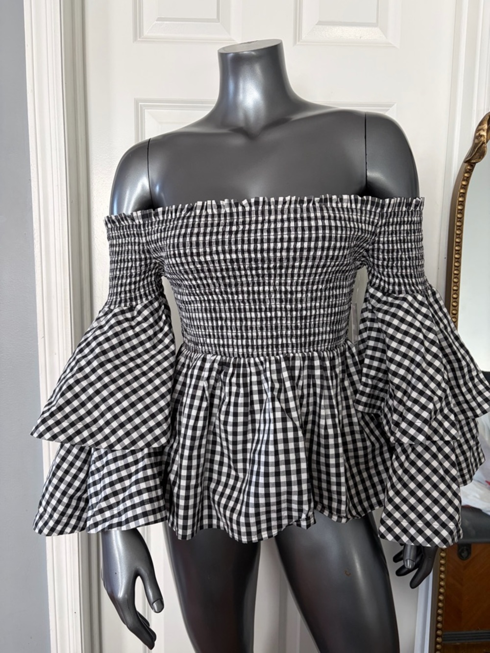 NWT BP NORDSTROM Black & White Gingham Off-Shoulder Peplum Top